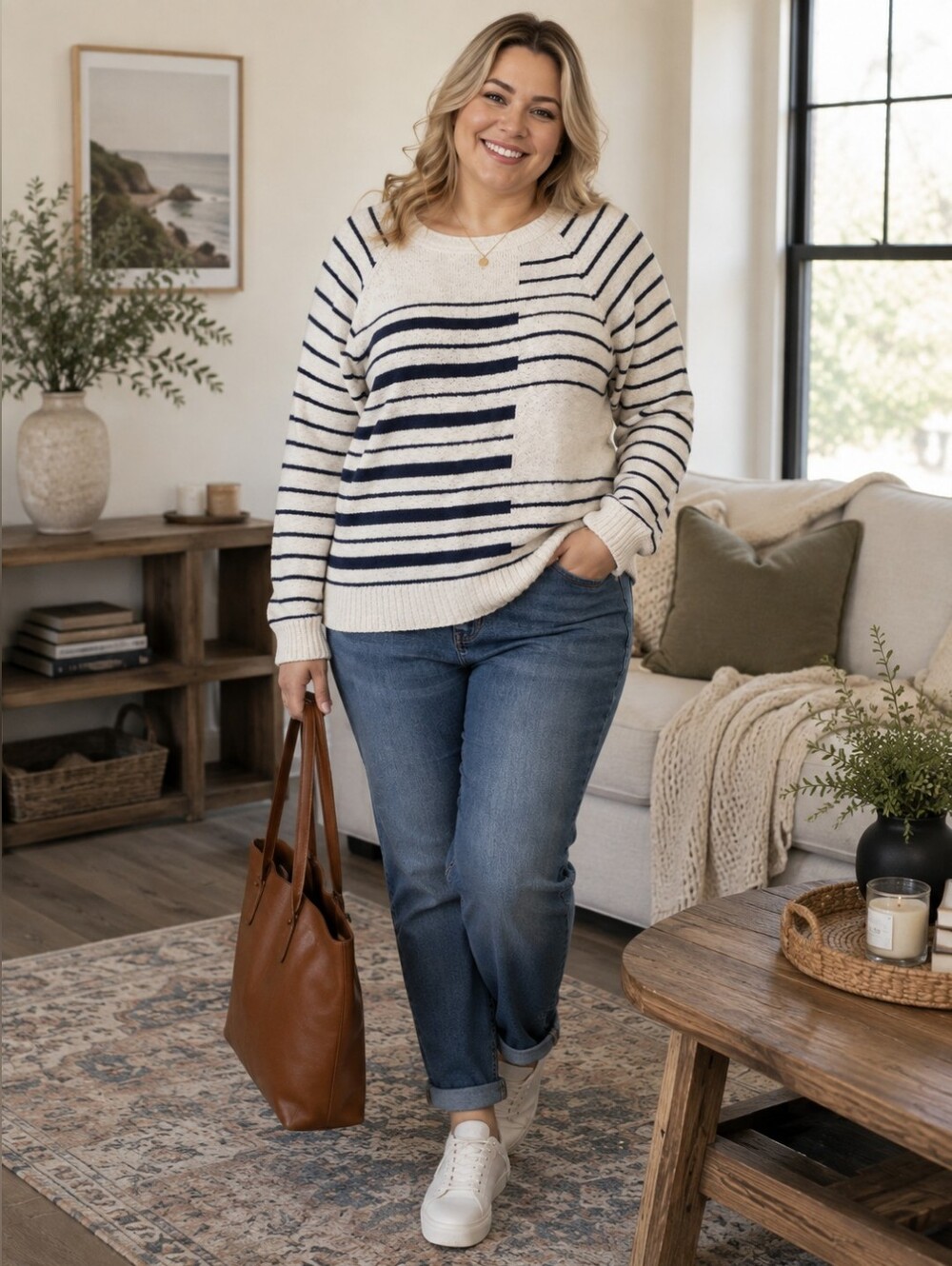 L.L.BEAN Rollneck Cotton Stripe Pullover Sweater Cream Navy Coastal